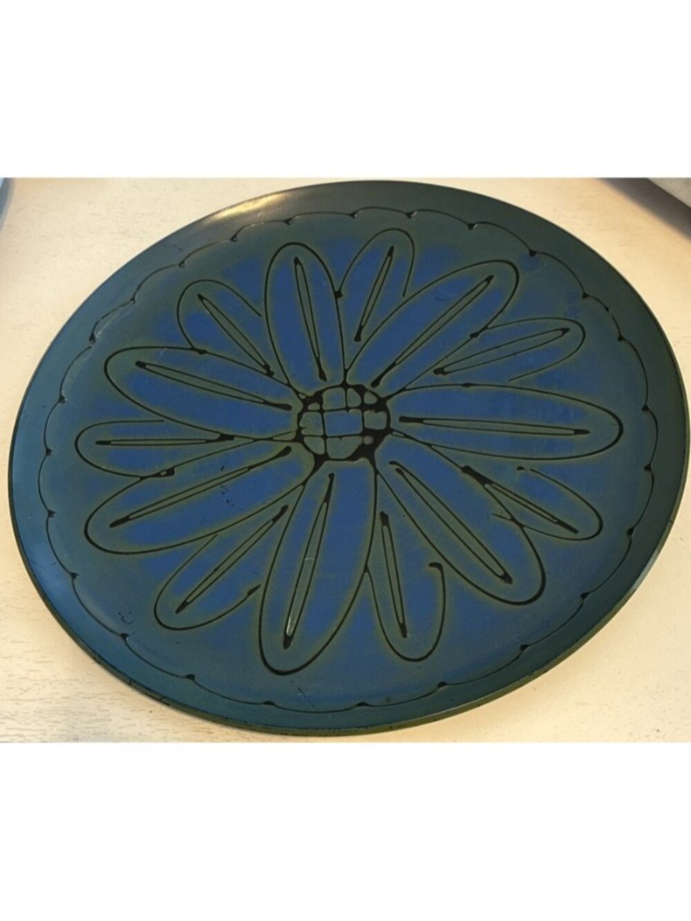 Vintage MCM Blue, Green & Black Round Melamine serving tray 13"
